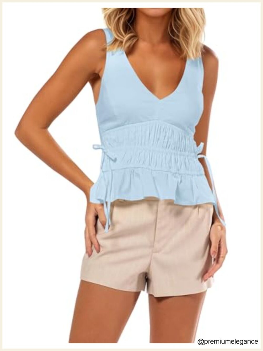 Women's Sleeveless V-Neck Peplum Cami Top with Smocked Waist & Side Tie